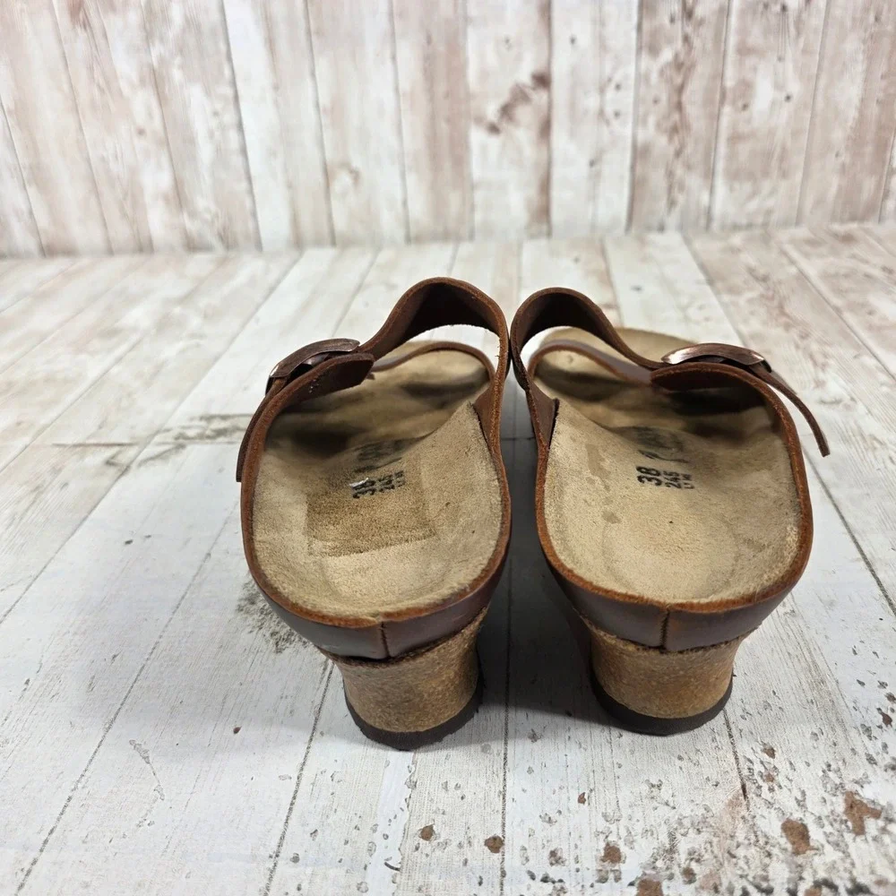 Papillio Birkenstock Lana Brown Leather Wedge Sandals Womens 38 L7 Buckle Slide